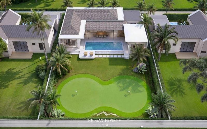 Secure this luxury 3-bedroom, 4-bathroom pool villa in Hua Hin’s Black Mountain area for only 14.5M THB pre-completion. Fully furnished, 319 sqm usable area, 808 sqm land, mountain views, mini golf lawn, and 5-year warranty.