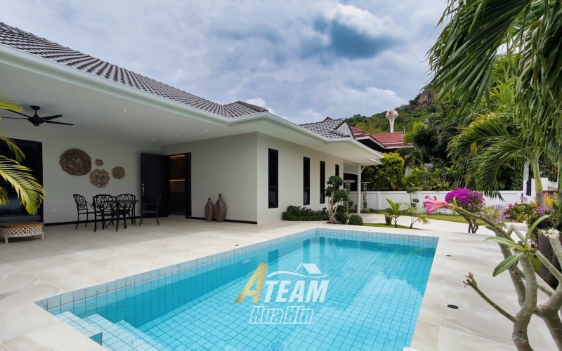Brand new 3-bedroom pool villa for sale in Khao Tao near the lake. Mountain views, private pool, 160 sqm living space on 106 sqw plot. Price: 8.5M THB.