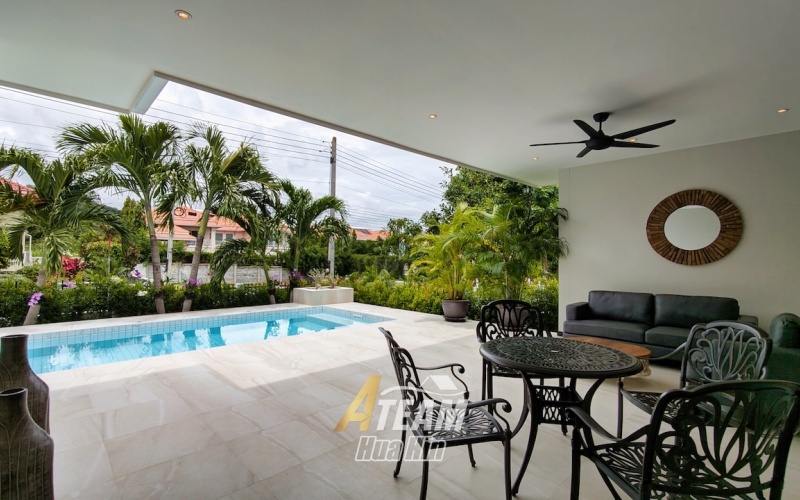 Brand new 3-bedroom pool villa for sale in Khao Tao near the lake. Mountain views, private pool, 160 sqm living space on 106 sqw plot. Price: 8.5M THB.