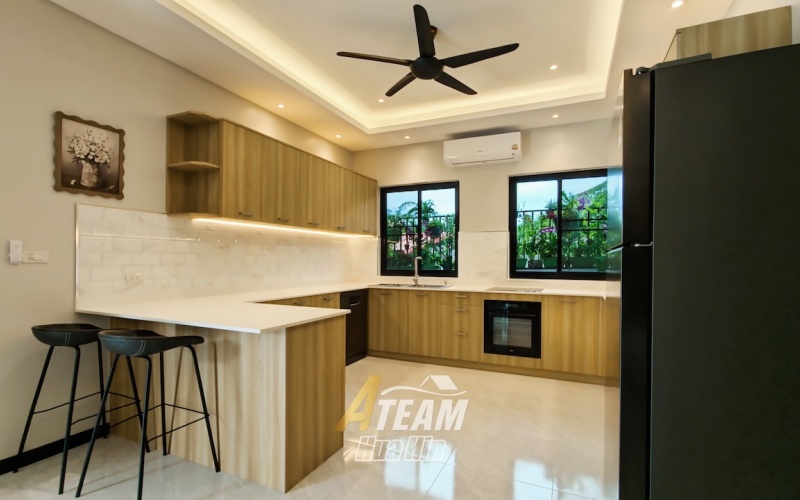 Brand new 3-bedroom pool villa for sale in Khao Tao near the lake. Mountain views, private pool, 160 sqm living space on 106 sqw plot. Price: 8.5M THB.
