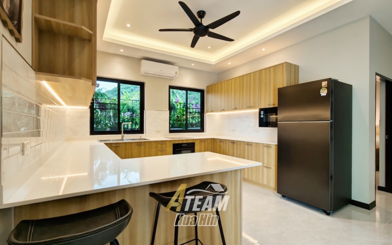Brand new 3-bedroom pool villa for sale in Khao Tao near the lake. Mountain views, private pool, 160 sqm living space on 106 sqw plot. Price: 8.5M THB.