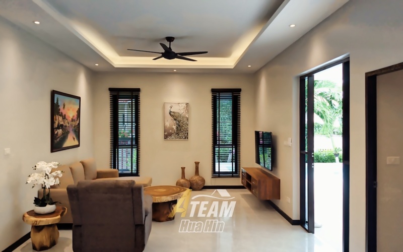 Brand new 3-bedroom pool villa for sale in Khao Tao near the lake. Mountain views, private pool, 160 sqm living space on 106 sqw plot. Price: 8.5M THB.