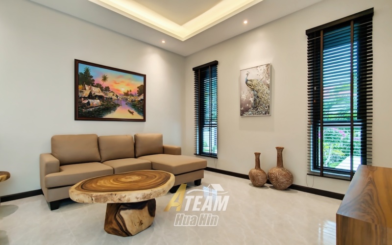 Brand new 3-bedroom pool villa for sale in Khao Tao near the lake. Mountain views, private pool, 160 sqm living space on 106 sqw plot. Price: 8.5M THB.