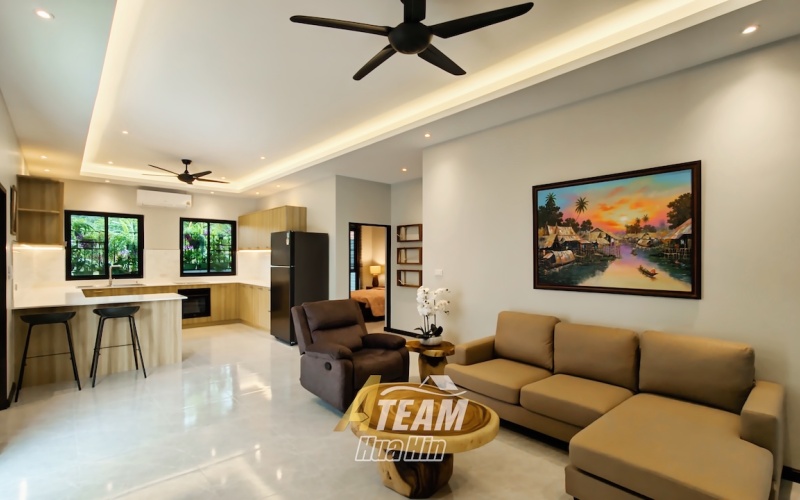 Brand new 3-bedroom pool villa for sale in Khao Tao near the lake. Mountain views, private pool, 160 sqm living space on 106 sqw plot. Price: 8.5M THB.