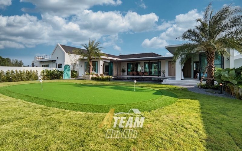 Secure this luxury 3-bedroom, 4-bathroom pool villa in Hua Hin’s Black Mountain area for only 14.5M THB pre-completion. Fully furnished, 319 sqm usable area, 808 sqm land, mountain views, mini golf lawn, and 5-year warranty.