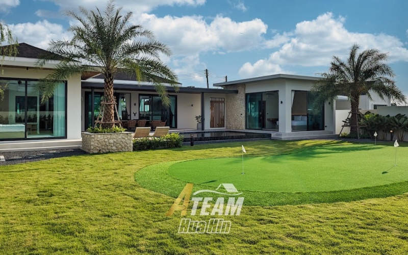 Secure this luxury 3-bedroom, 4-bathroom pool villa in Hua Hin’s Black Mountain area for only 14.5M THB pre-completion. Fully furnished, 319 sqm usable area, 808 sqm land, mountain views, mini golf lawn, and 5-year warranty.